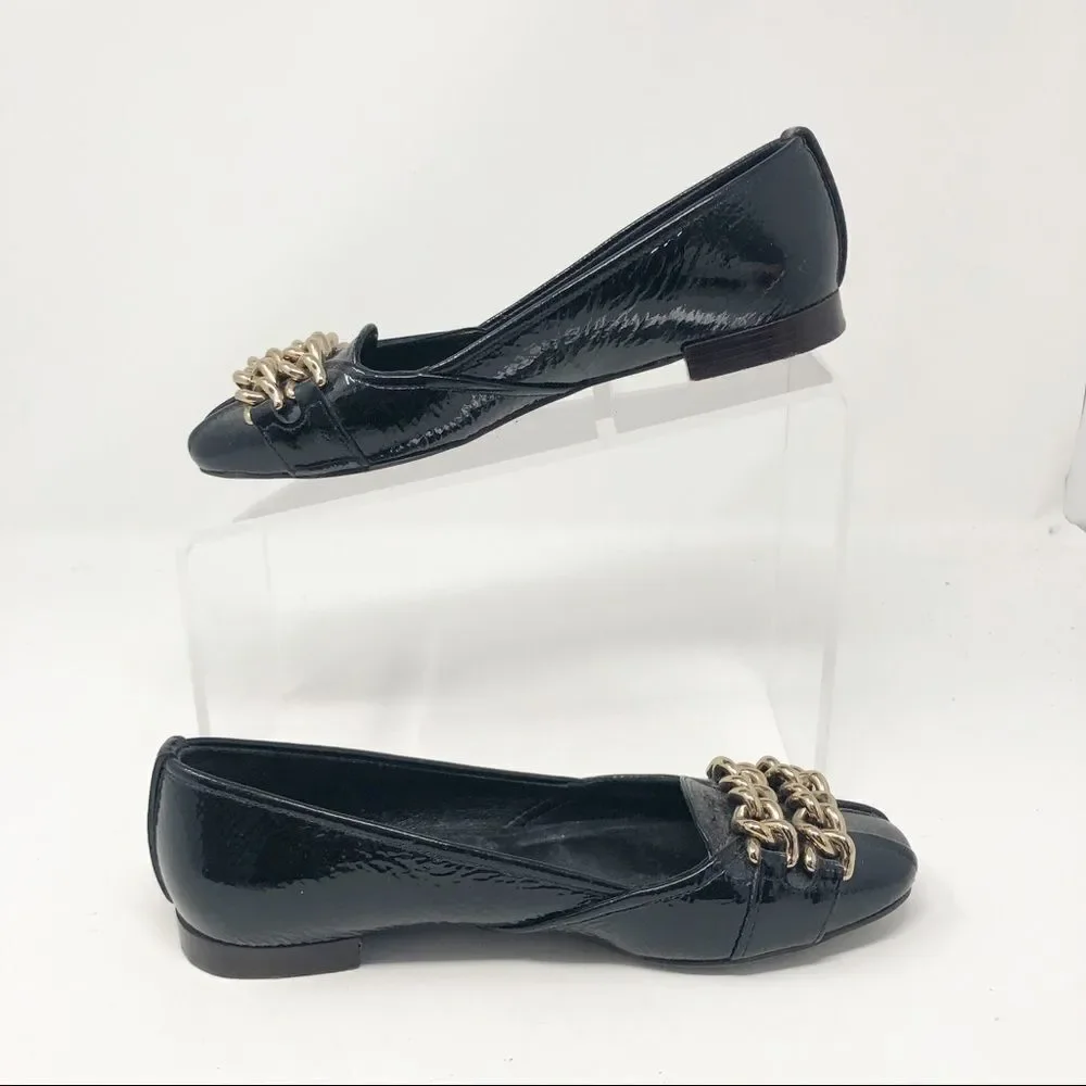 TORY BURCH | Hana Black Patent Leather Flats Gold Chains 5.5
